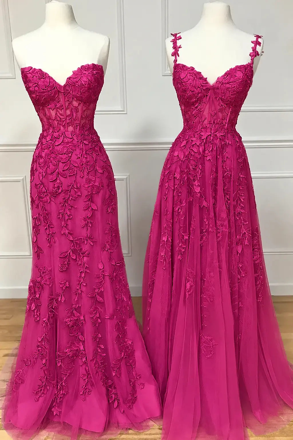 A-line Sweetheart Spaghetti Straps Sweep Train Lace Prom Dress With Beading Kaidress