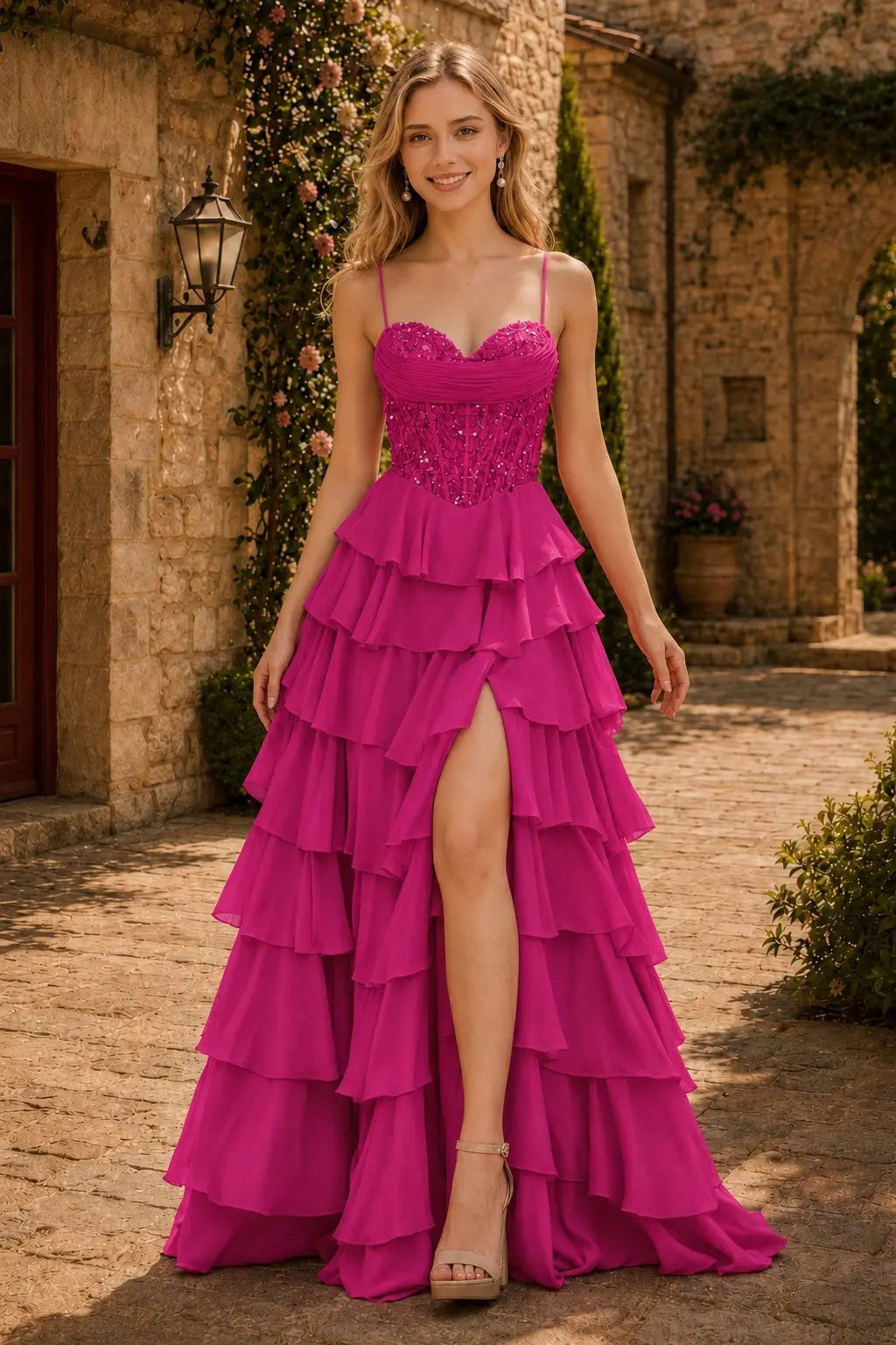 Spaghetti Straps Sweetheart Embellished Corset Chiffon Slit Ruffle Prom Dress with Detachable Straps