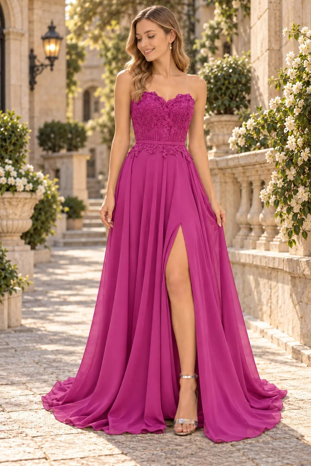 A-line Sweetheart Sweep Train Chiffon Prom Dresses With Lace Beading Split