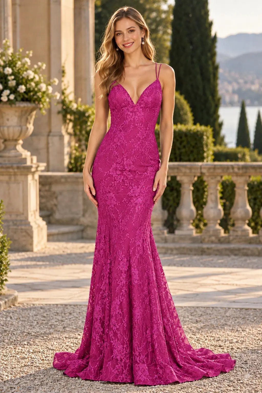 Mermaid V-neck Backless Sleeveless Lace Red Formal Prom Dresses Long Slit Evening Gowns