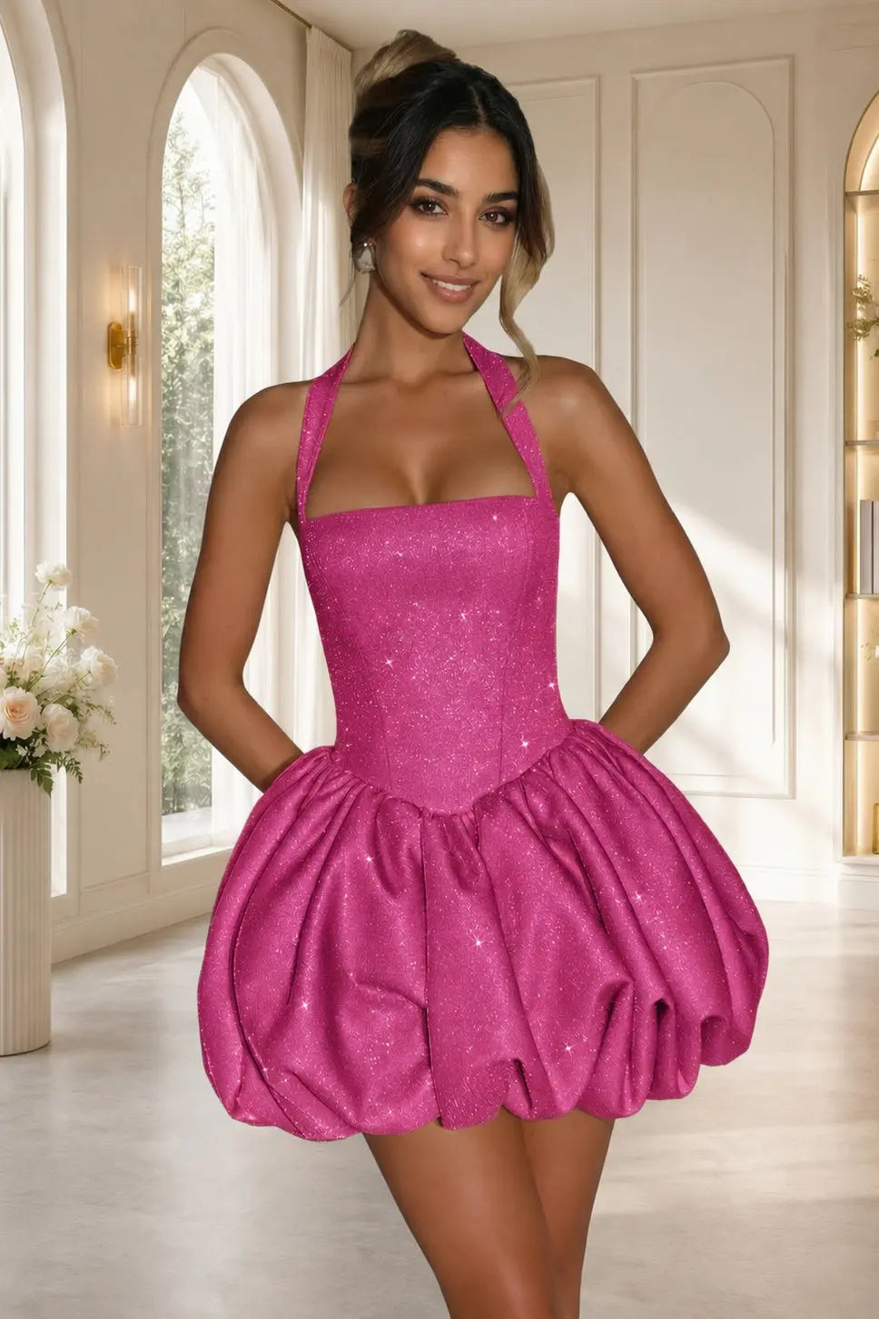 Silver Glitter Halter Corset Bubble-Hem Mini Homecoming Dress Backless KAIDRESS