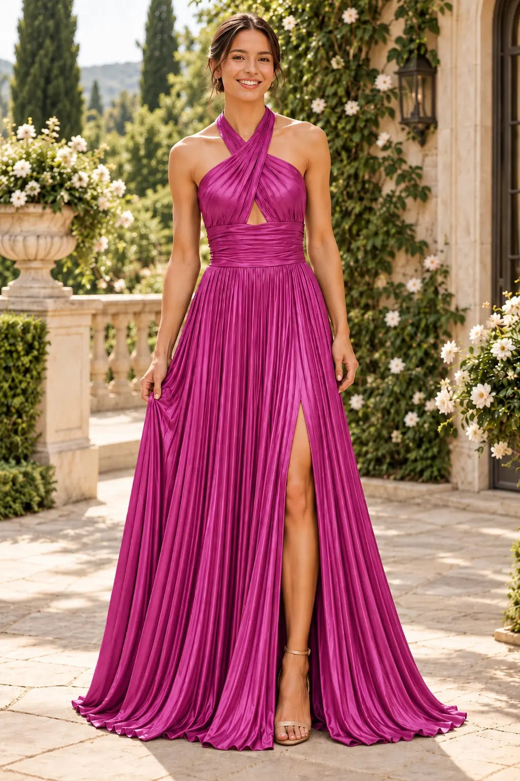 Glitter Green Halter Cut Out Backless Pleats Long Prom Dress with Slit