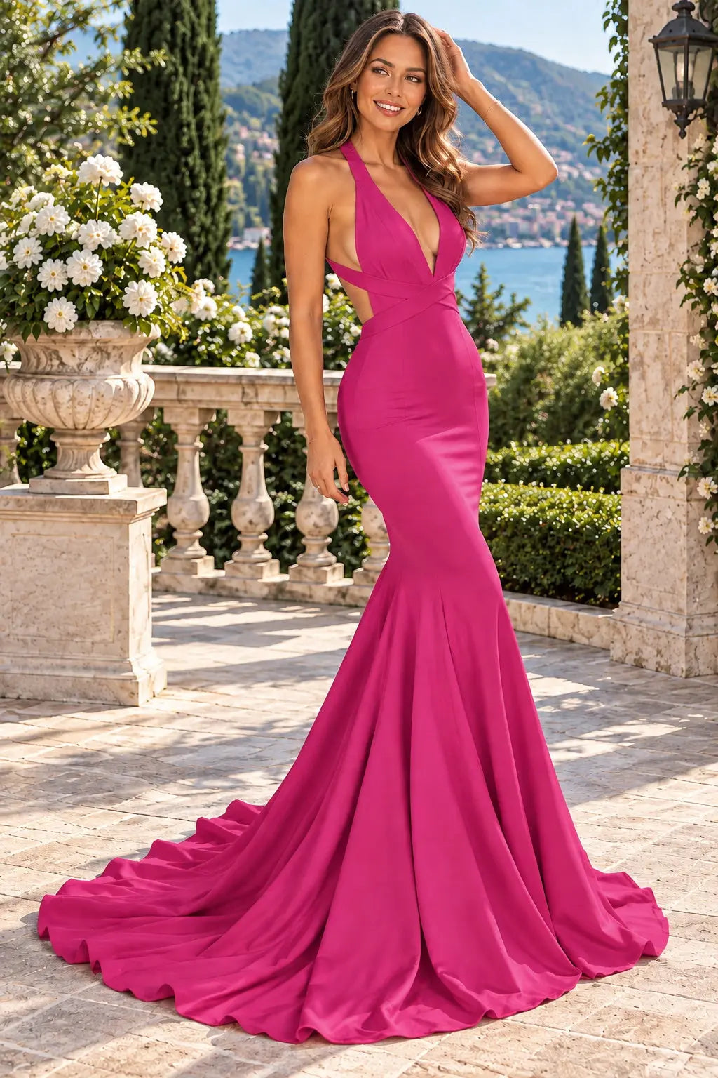 Trumpet/Mermaid Jersey Sleeveless Court Train Prom Dresses Long V Neck Backless Red Prom Gown