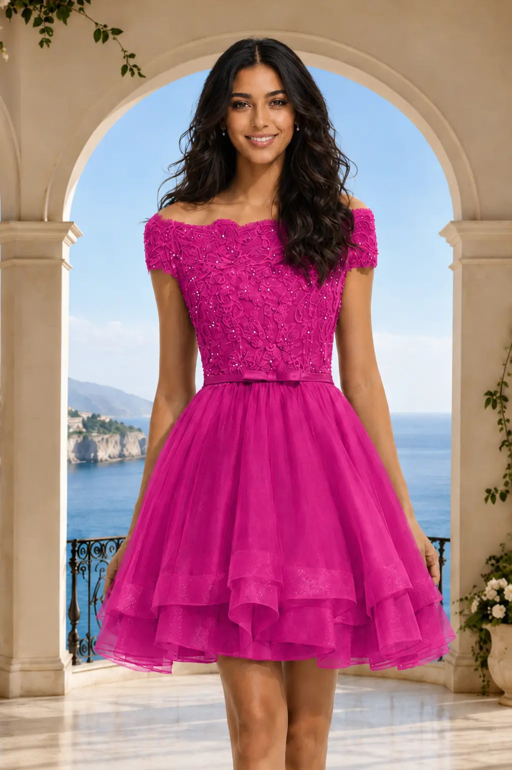 Burgundy Lace Off Shoulder A Line Short Homecoming Dress KAIDRESS