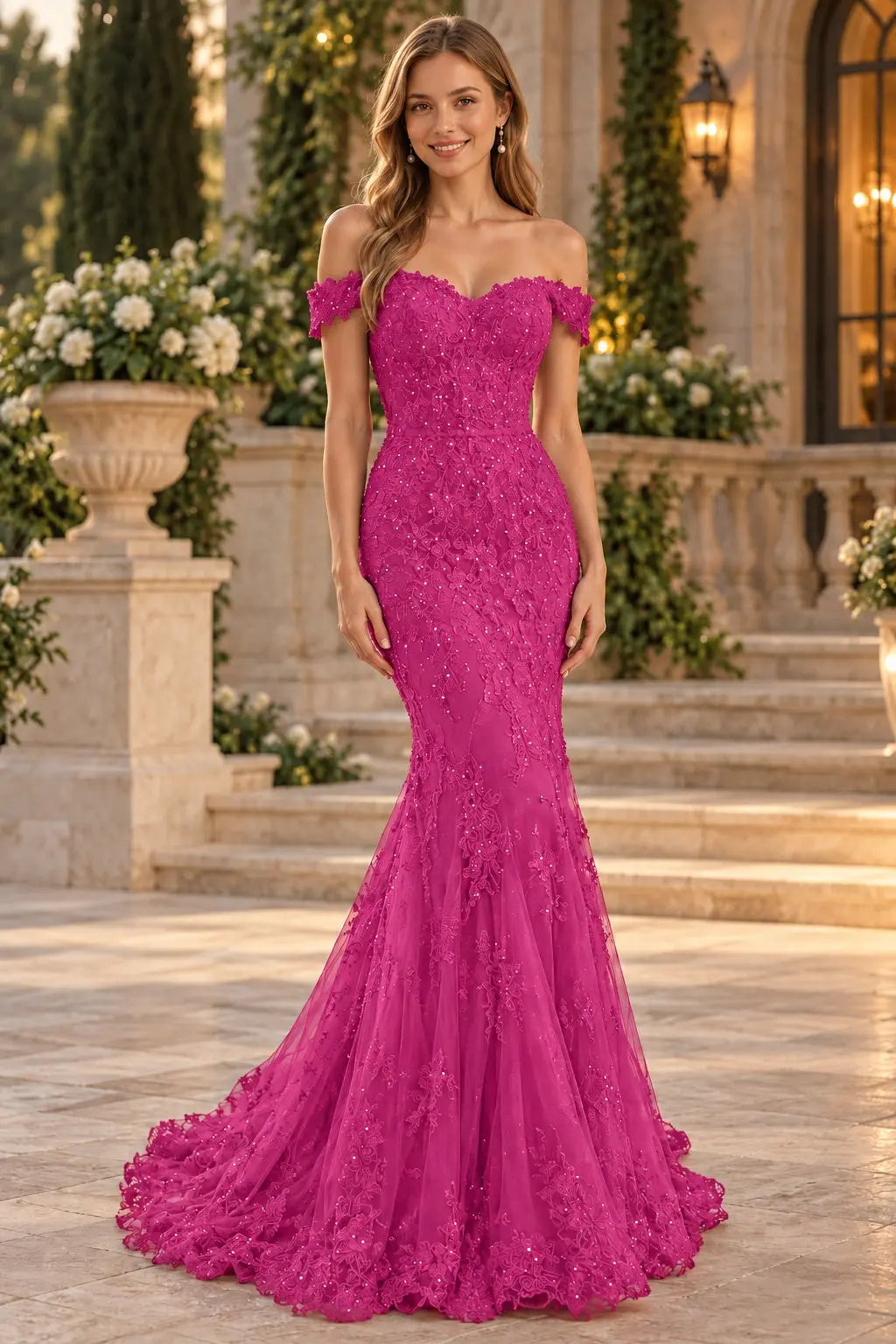 Lace Long/Floor-Length Trumpet/Mermaid Sleeveless Off-The-Shoulder Zipper Prom Dresses With Appliqued Beaded