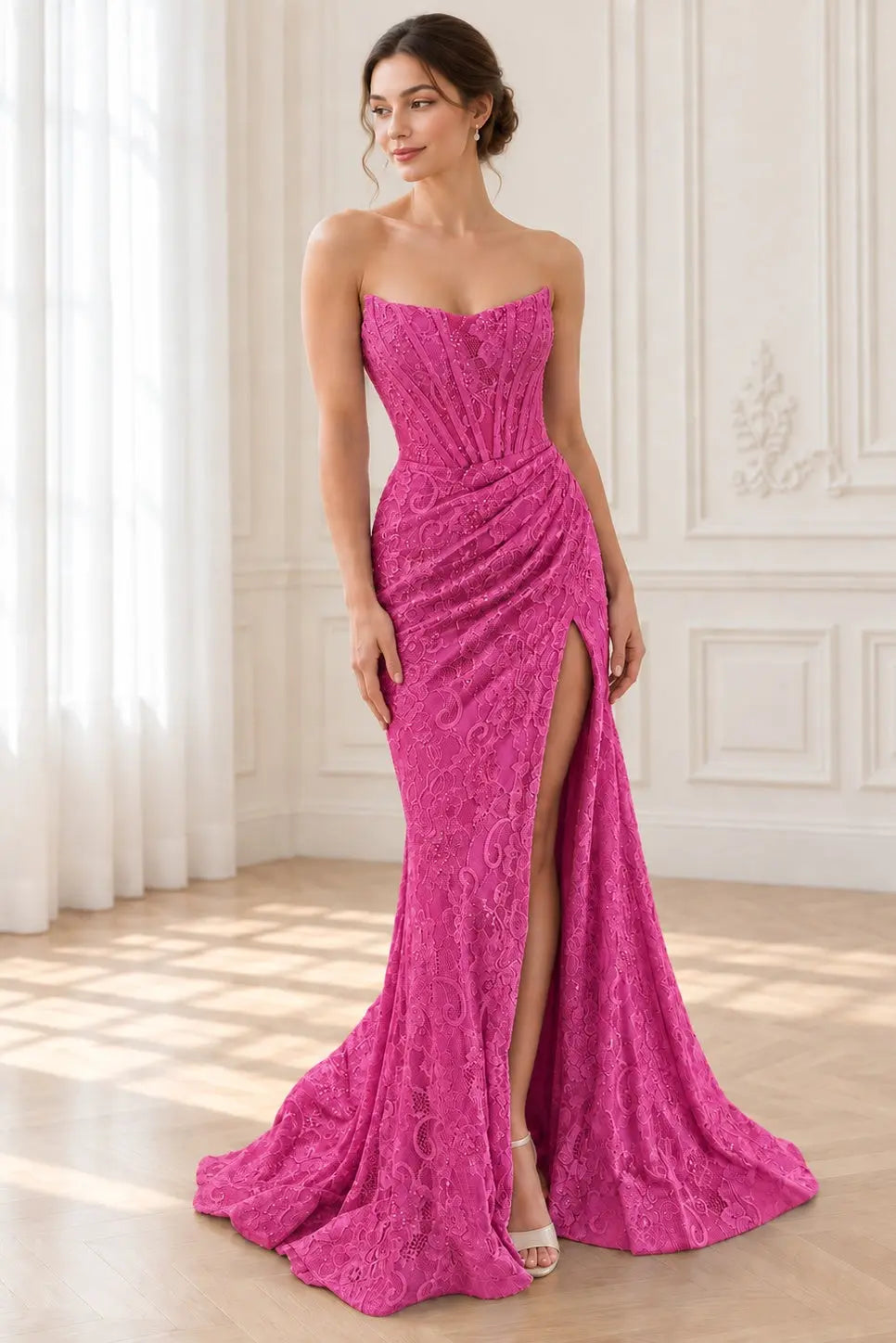 Sheath/Column Off the Shoulder Sleeveless Prom Dresses Long Lace Formal Evening Gowns