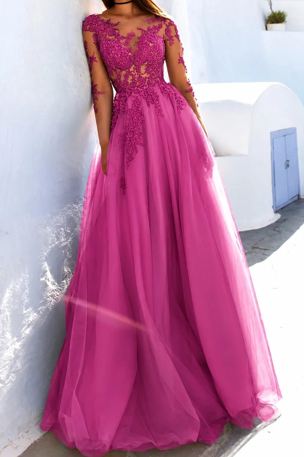 A-Line Scoop Long Sleeves Floor-Length With Applique Tulle Prom Dresses
