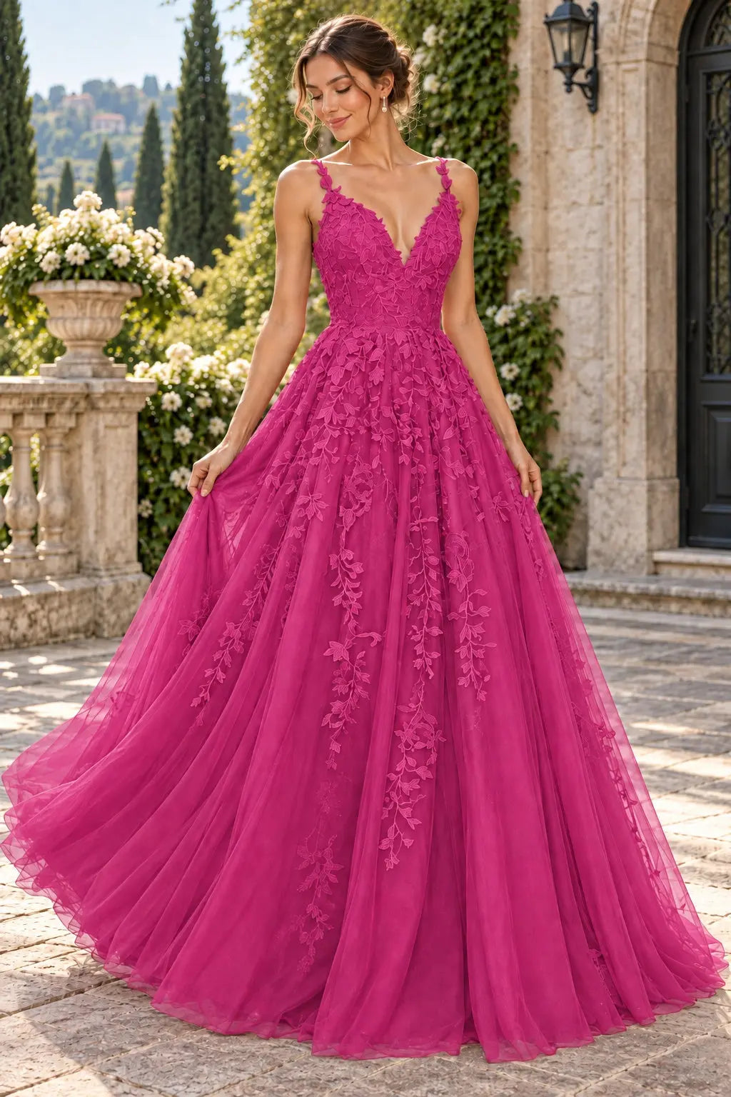 A-Line Lace Prom Dresses Long V Neck Sleeveless Formal Maxi Dress