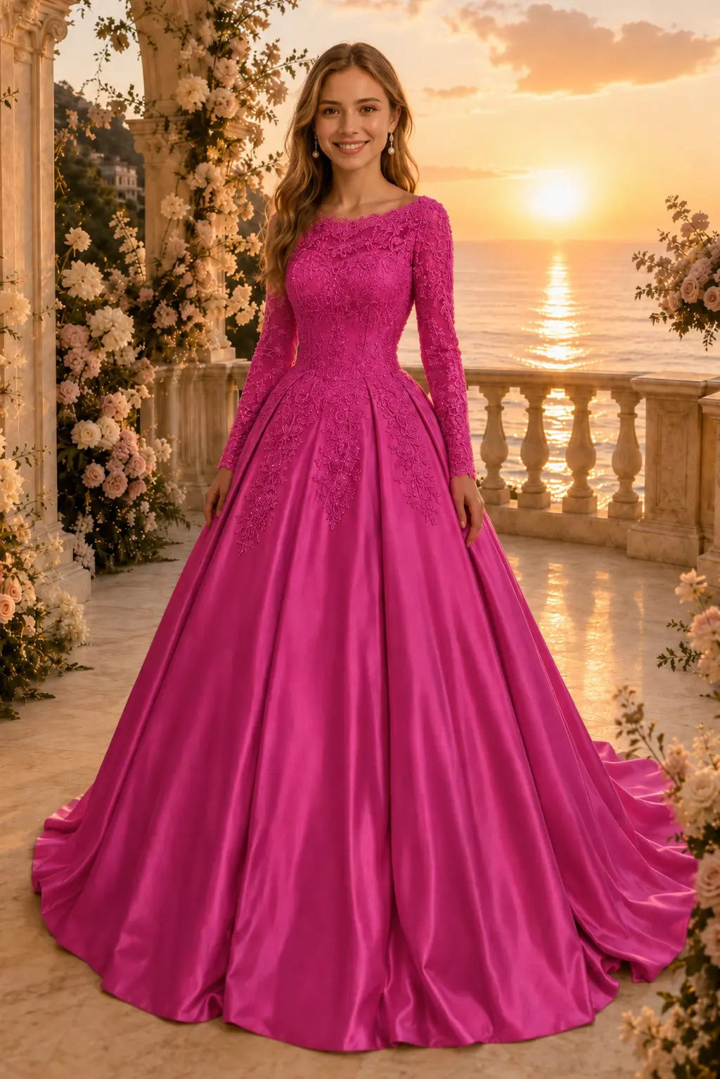 Ball Gown Long Sleeves Off-the-Shoulder Chapel Train Applique Satin Prom Dresses Kaidress