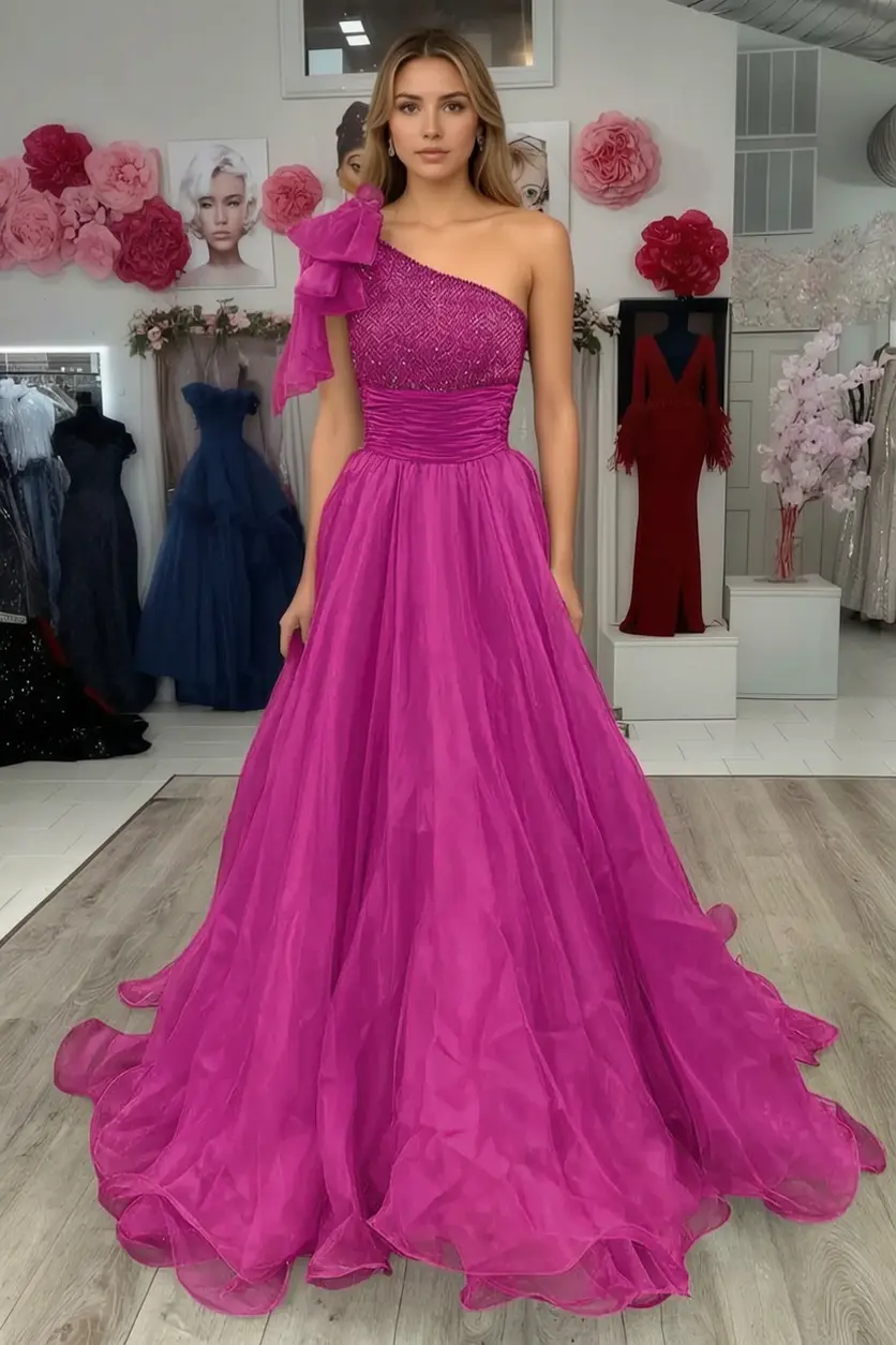 A Line Sparkly Sky Blue One Shoulder Long Prom Dress with Beading KAIDRESS