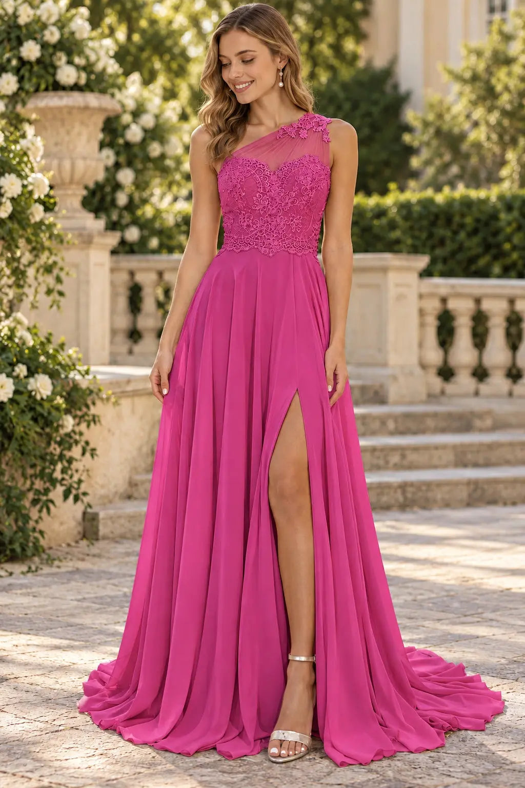A-line One-Shoulder Sleeveless Chiffon Sweep Train Prom Dress With Appliqued Beading