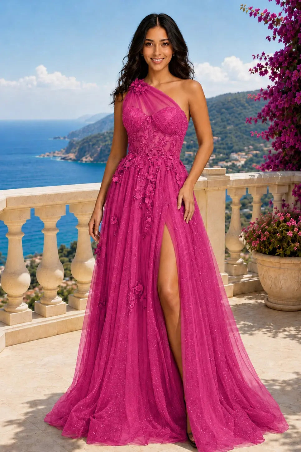 A-line One-Shoulder Sleeveless Long/Floor-Length Tulle Prom Dresses with Appliqued Split KAIDRESS