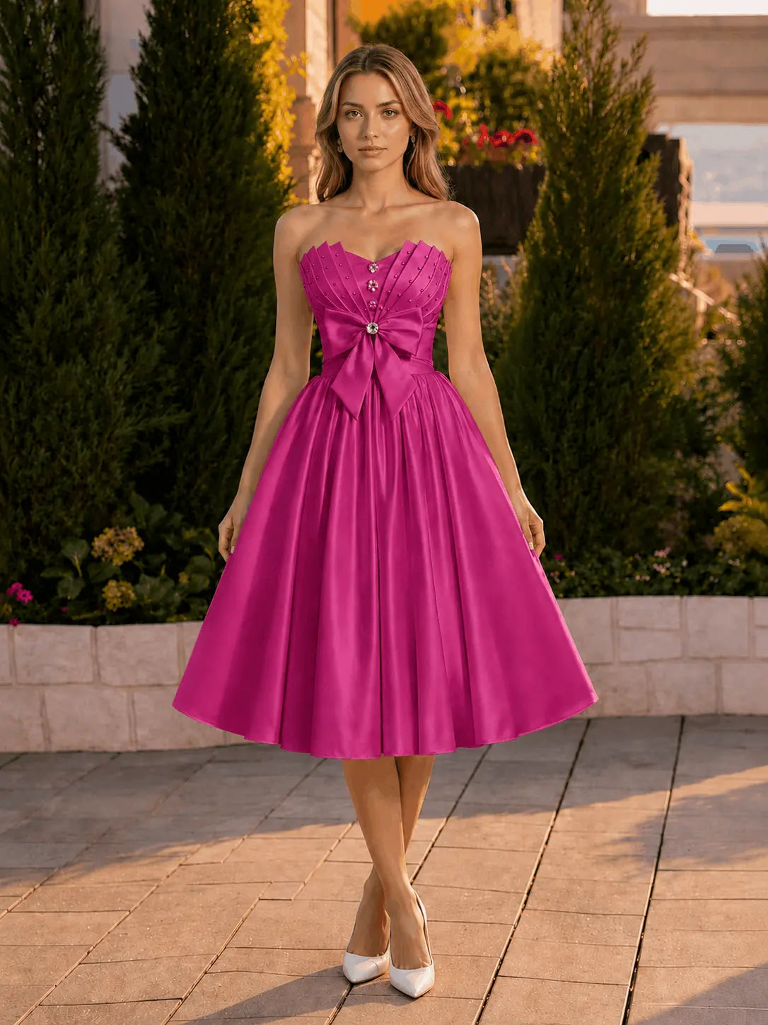 A-line Sweetheart Sleeveless Knee-Length Satin Homecoming Dress with Bow KAIDRESS