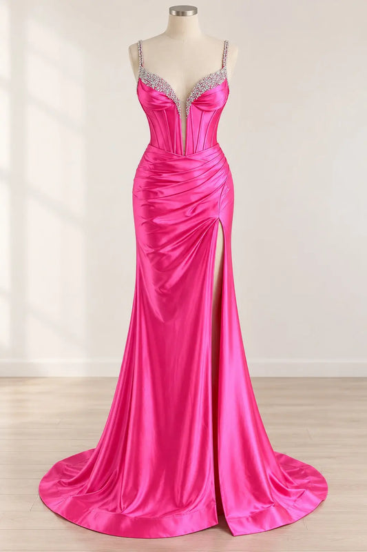 Fuchsia Satin Mermaid Corset Prom Dress with Beaded Straps & High Slit