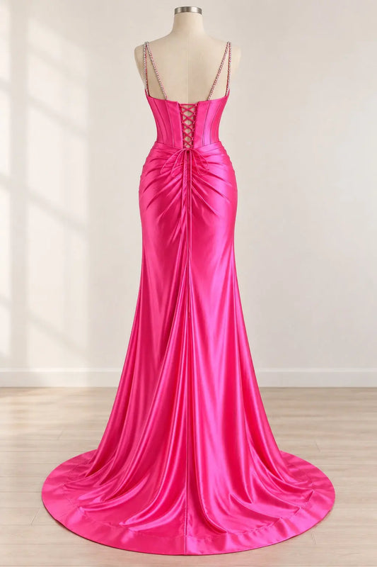 Fuchsia Satin Mermaid Corset Prom Dress with Beaded Straps & High Slit