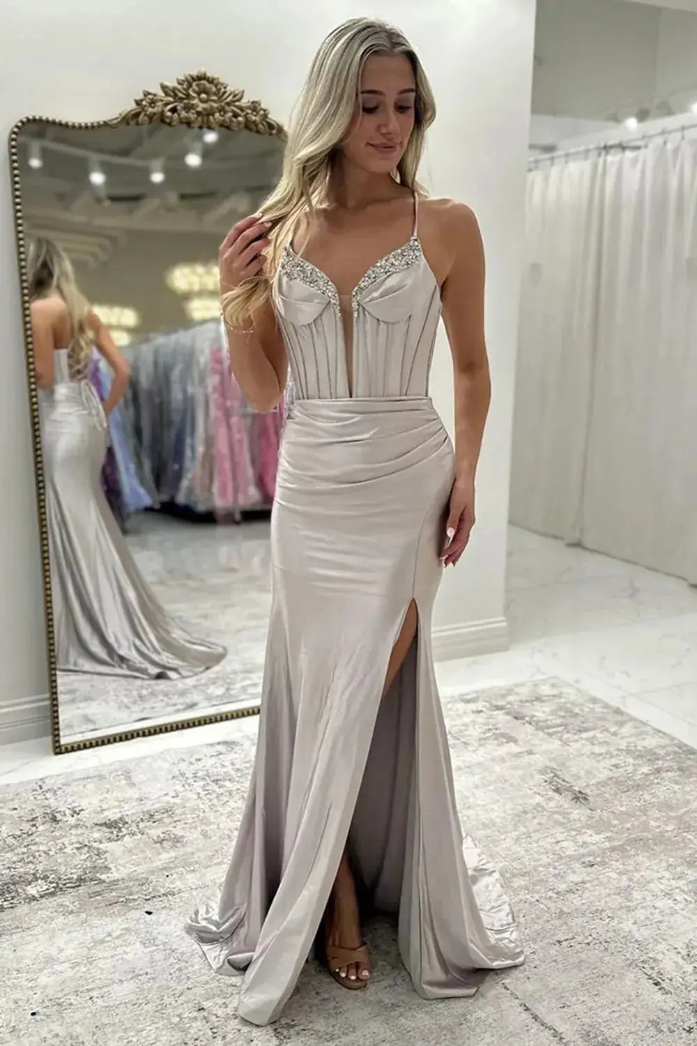 Fuchsia Satin Mermaid Corset Prom Dress with Beaded Straps & High Slit