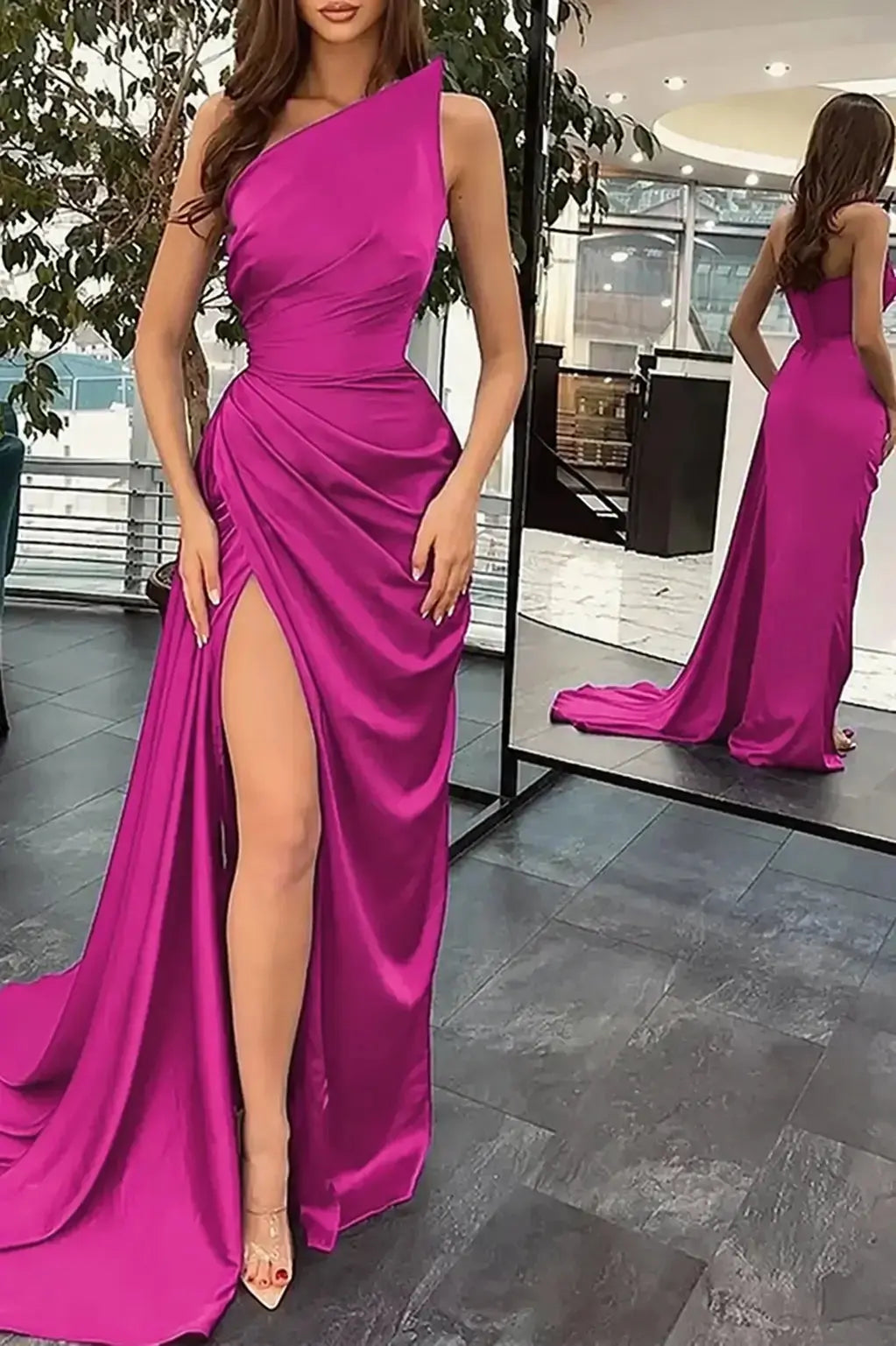 Trumpet/Mermaid Sleeveless Court Train Silk like Satin Prom Dresses with Ruffles Split KAIDRESS