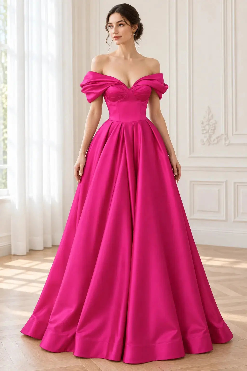 Fuchsia Satin Off-Shoulder A-Line Prom Dress with Short Ruffle Sleeves