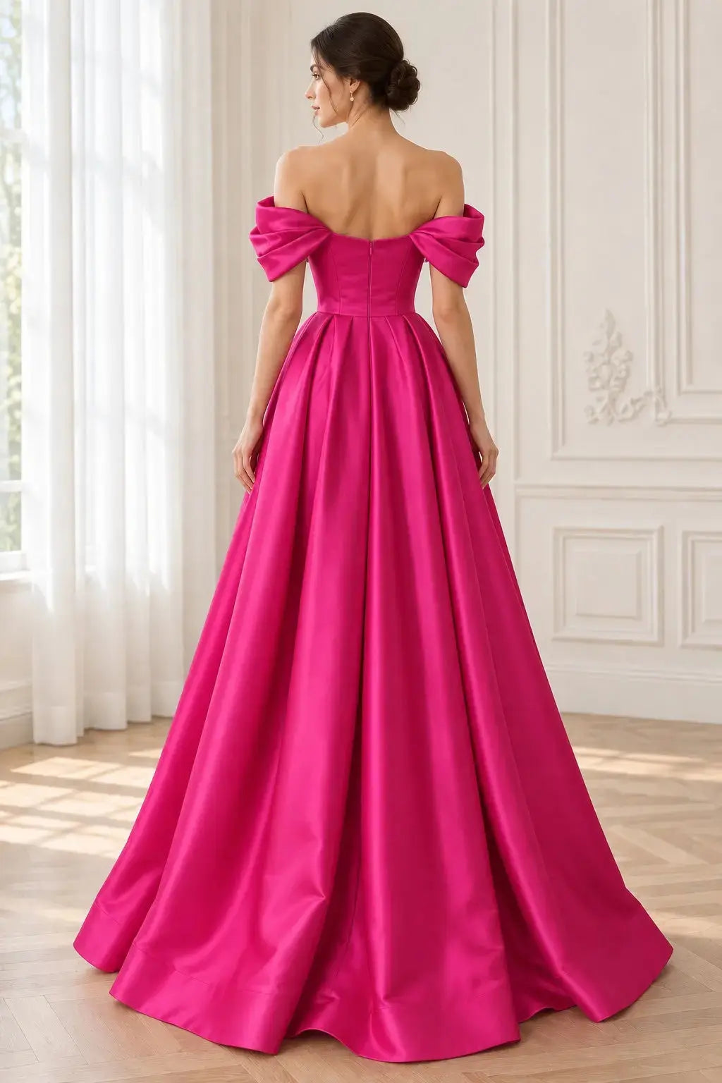 Fuchsia Satin Off-Shoulder A-Line Prom Dress with Short Ruffle Sleeves