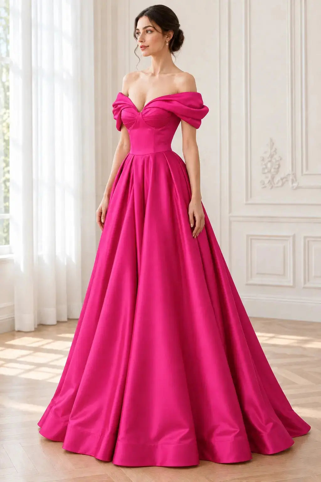 Fuchsia Satin Off-Shoulder A-Line Prom Dress with Short Ruffle Sleeves