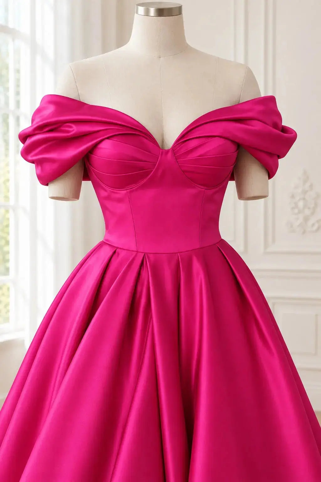 Fuchsia Satin Off-Shoulder A-Line Prom Dress with Short Ruffle Sleeves