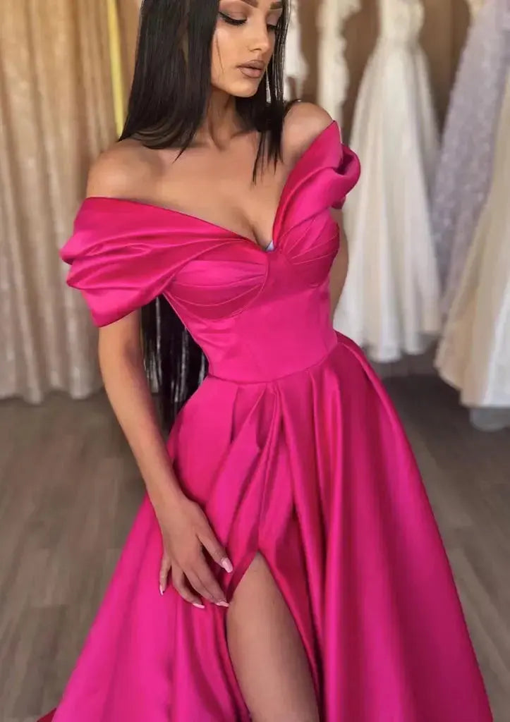 Fuchsia Satin Off-Shoulder A-Line Prom Dress with Short Ruffle Sleeves