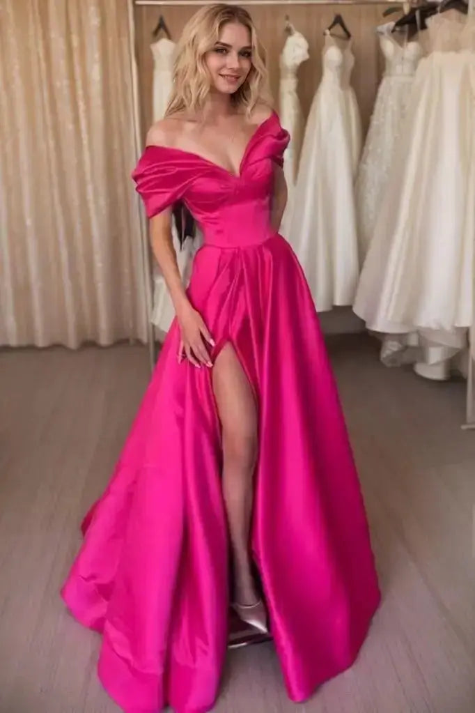 Fuchsia Satin Off-Shoulder A-Line Prom Dress with Short Ruffle Sleeves