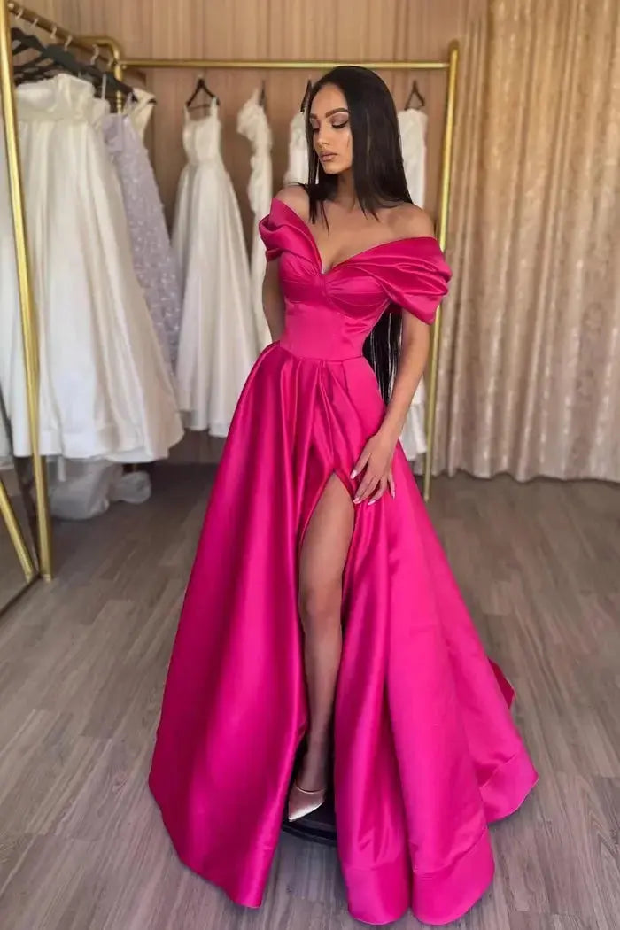 Fuchsia Satin Off-Shoulder A-Line Prom Dress with Short Ruffle Sleeves