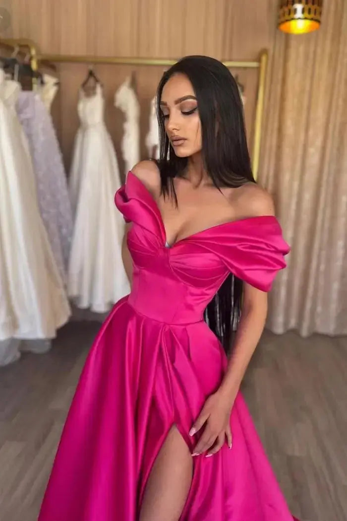 Fuchsia Satin Off-Shoulder A-Line Prom Dress with Short Ruffle Sleeves