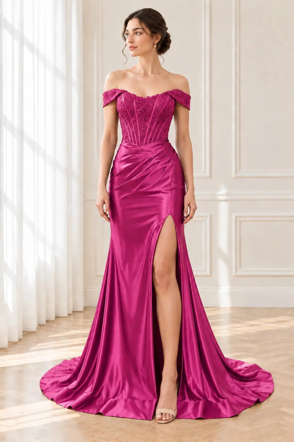 Trumpet/Mermaid Satin Ruched Off-the-Shoulder Prom Dresses Sleeveless Long Green Evening Gowns