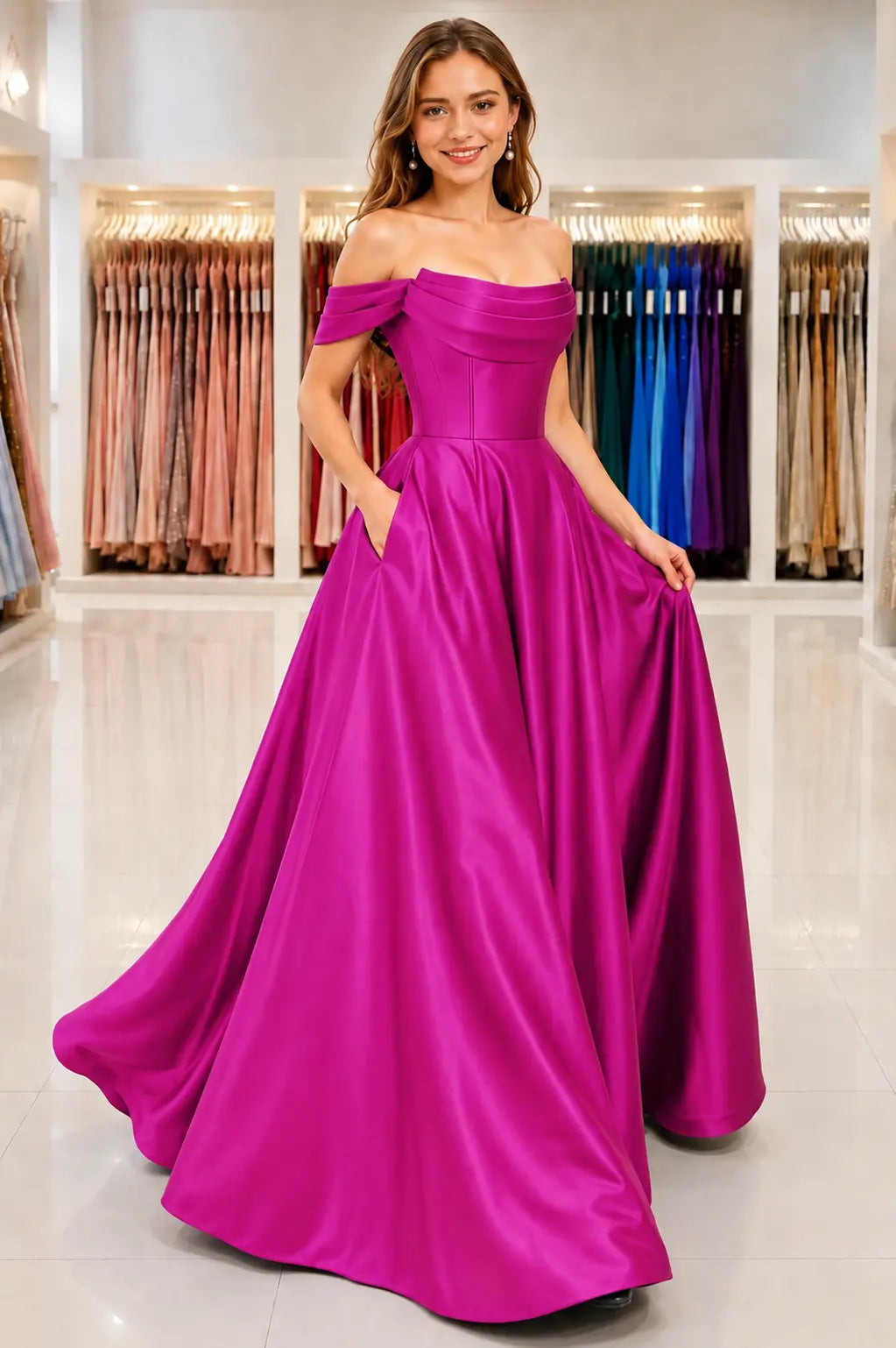 A-Line Satin Long Prom Dress, Simple Off the Shoulder Evening Party Dress With Pockets KAIDRESS
