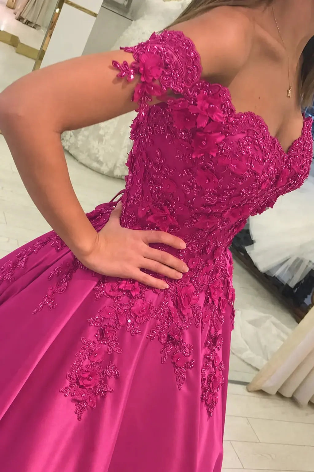Appliqued Off-The-Shoulder Satin Princess Prom Dress With Beads