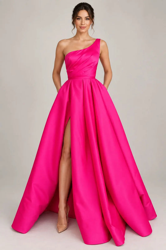 Fuchsia Satin One-Shoulder A-Line Prom Dress with High Slit & Pockets