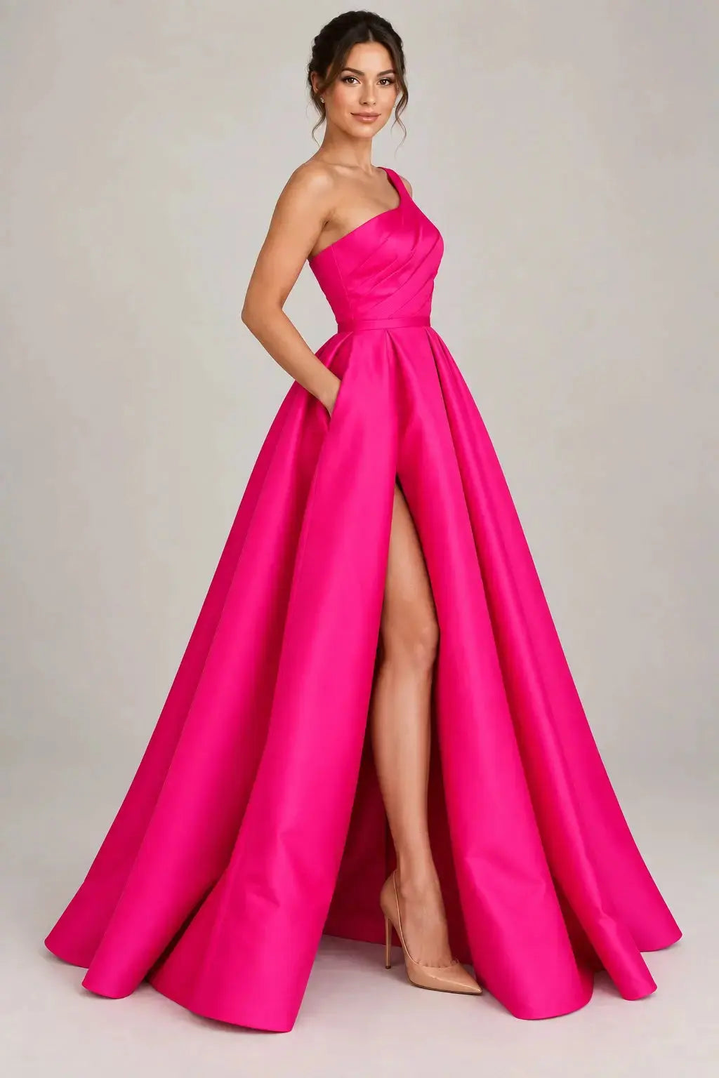 Fuchsia Satin One-Shoulder A-Line Prom Dress with High Slit & Pockets