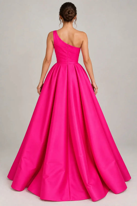 Fuchsia Satin One-Shoulder A-Line Prom Dress with High Slit & Pockets