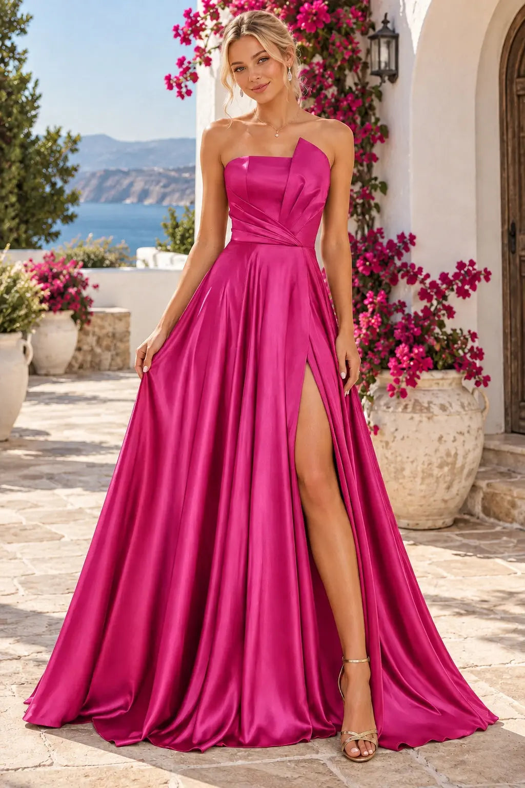 A-line Satin Formal Long Simple Sleeveless Prom Dresses with Slit