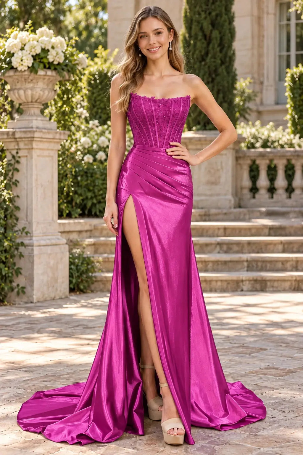 Royal Blue Satin Strapless Lace Corset Prom Dress with Thigh-High Slit