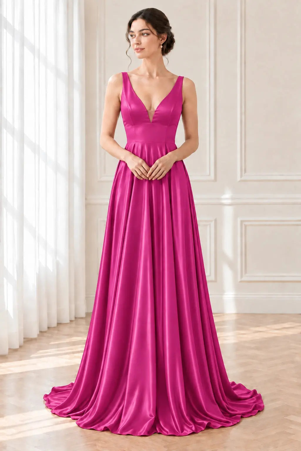 A-line/Princess V Neck Sleeveless Sweep Train Charmeuse Prom Dresses