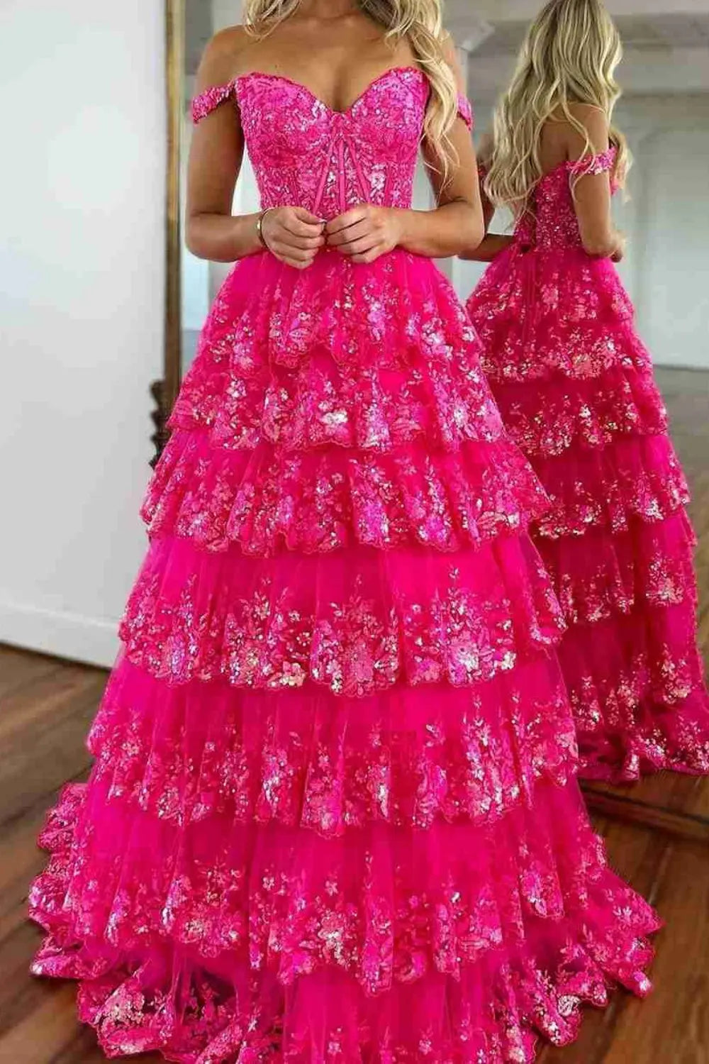 A-Line/Princess Princess Off the Shoulder Sequined Lace Prom Dress KAIDRESS