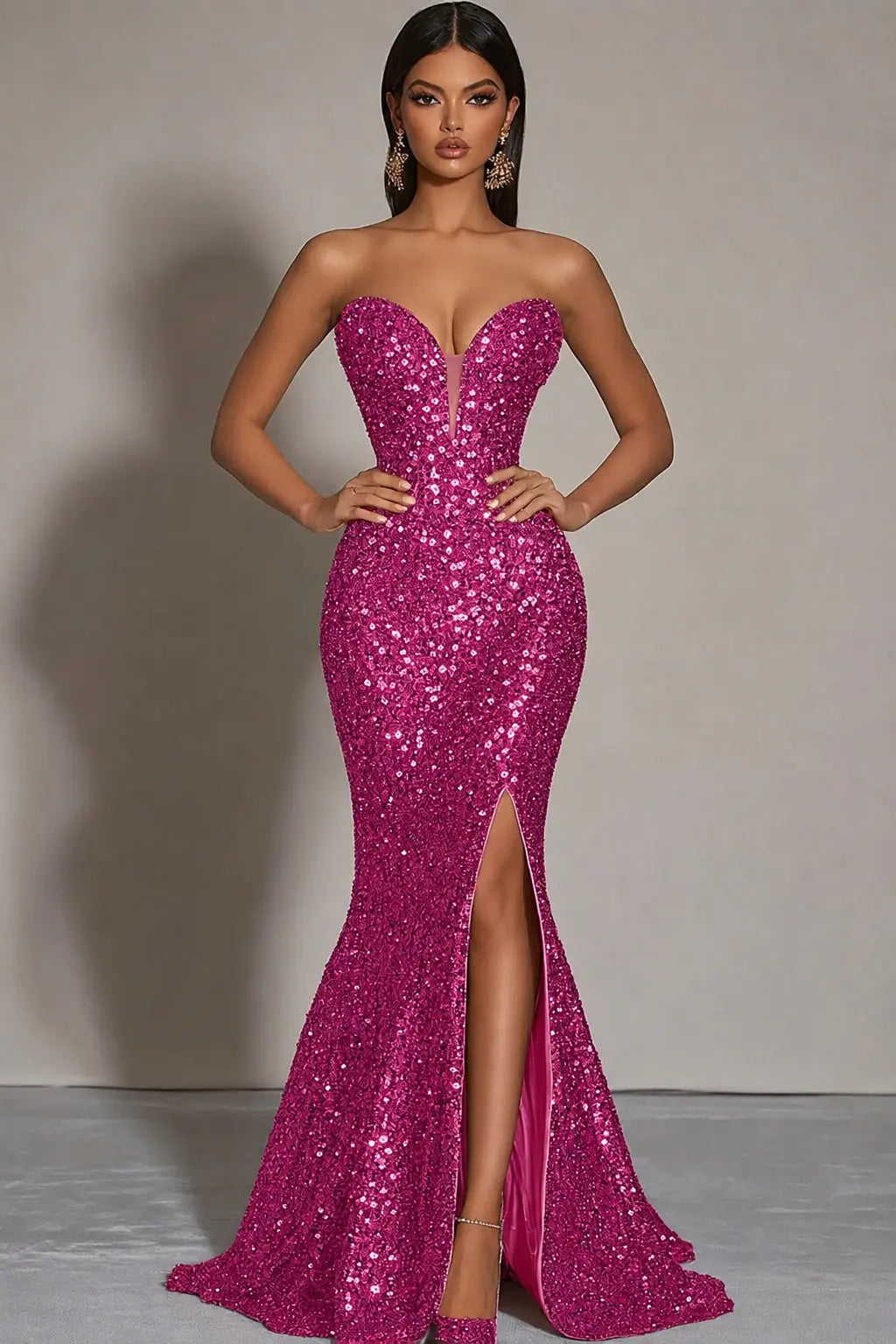 Sparkly Gold Sequins Mermaid Strapless Long Formal Dress with Slit Kaidress