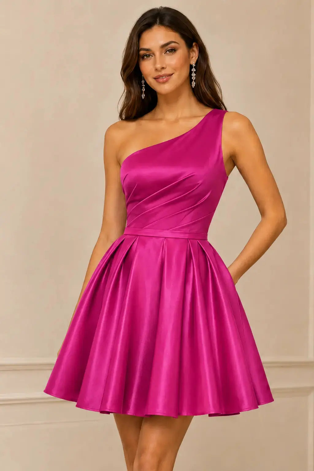 Green One Shoulder Satin Mini A Line Homecoming Dress With Pockets KAIDRESS