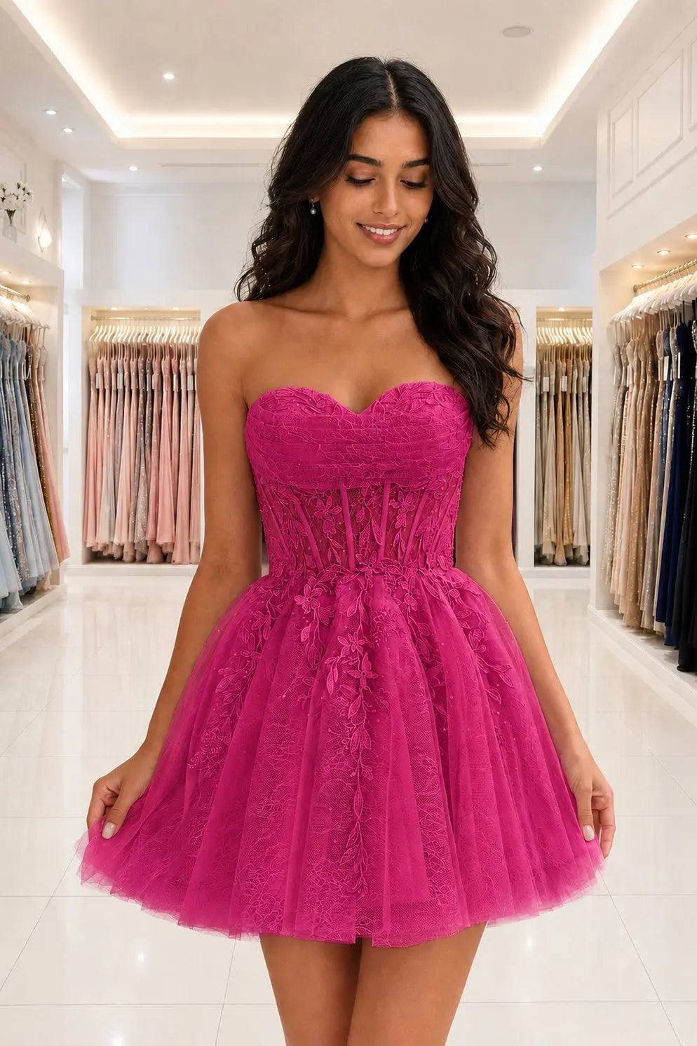 Strapless Beaded Lace Corset A-Line Mini Homecoming Dress KAIDRESS