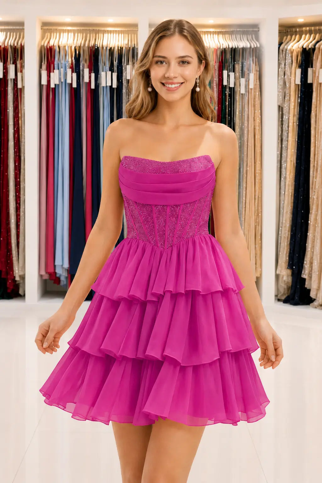 Daffodil Strapless Corset Tiered Ruffle Mini Homecoming Dress With Beading KAIDRESS