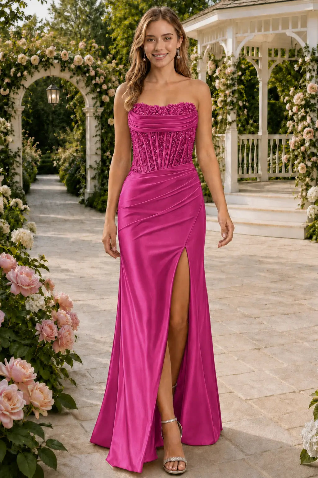 Sheath/Column Beaded Strapless Applique Formal Dress with Slit KAIDRESS