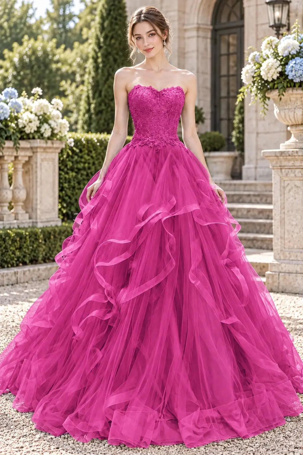 Blue Tulle Lace Long Prom Dresses Princess Layered Formal Evening Gowns