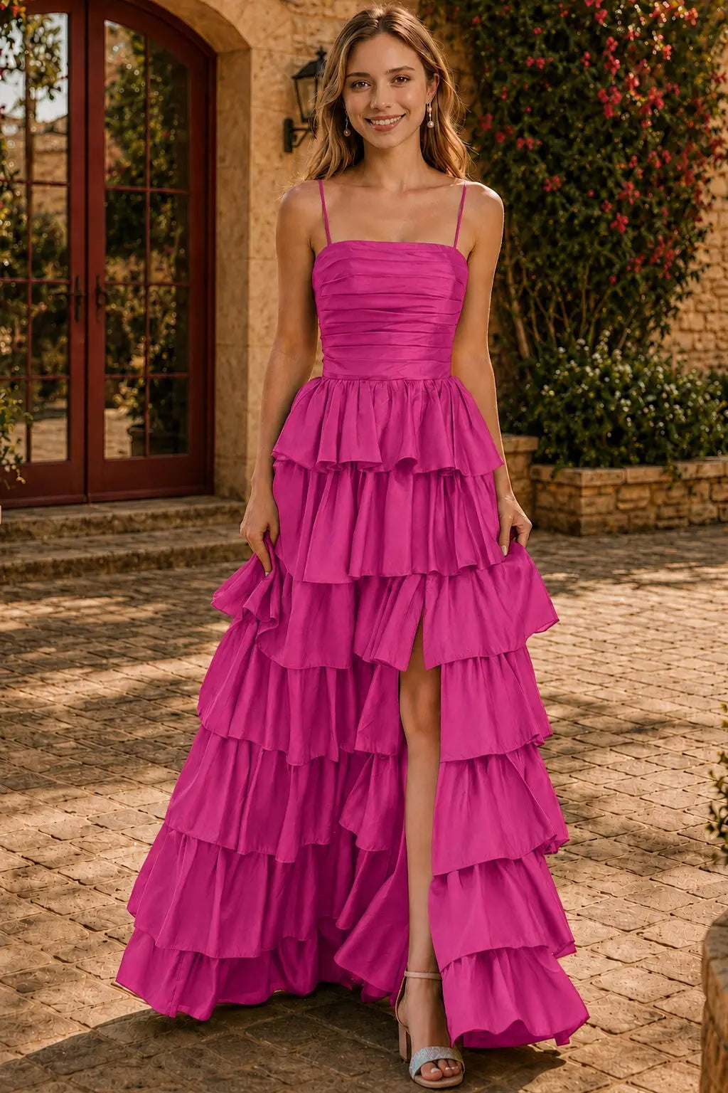 A-line Square Neckline Spaghetti Straps Floor-Length Taffeta Prom Dress with Ruffles Slit KAIDRESS
