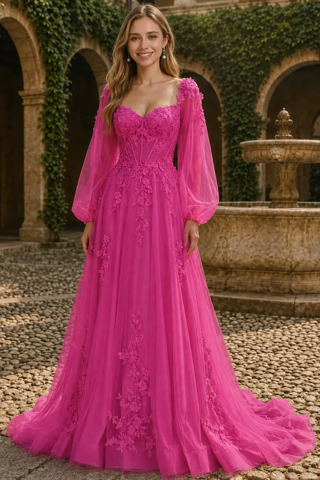 A-line 3D Floral Lace Applique Tulle Long Sleeves Prom Dress
