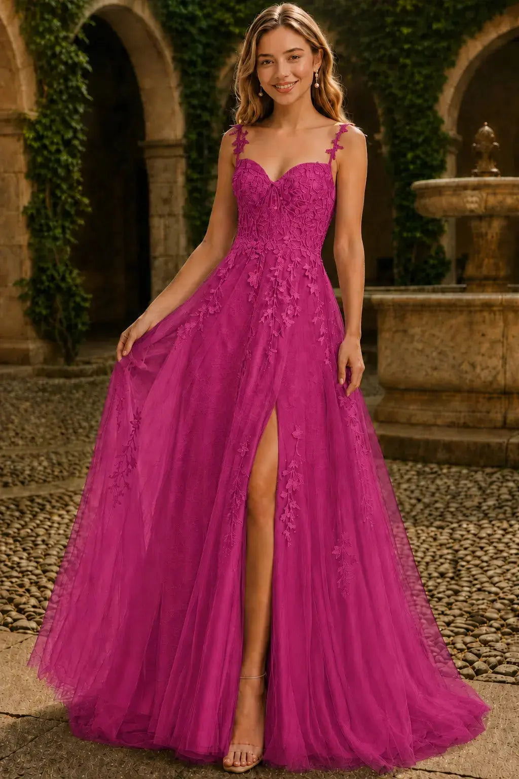 A-line V Neck Sweep Spaghetti Straps Train Tulle Prom Dress with Appliqued Beading KAIDRESS