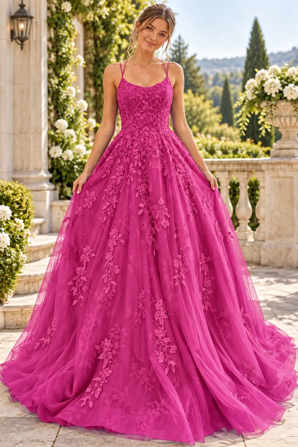 A-line Bateau Neckline Spaghetti Straps Long/Sweep Train Tulle Lace Prom Dresses