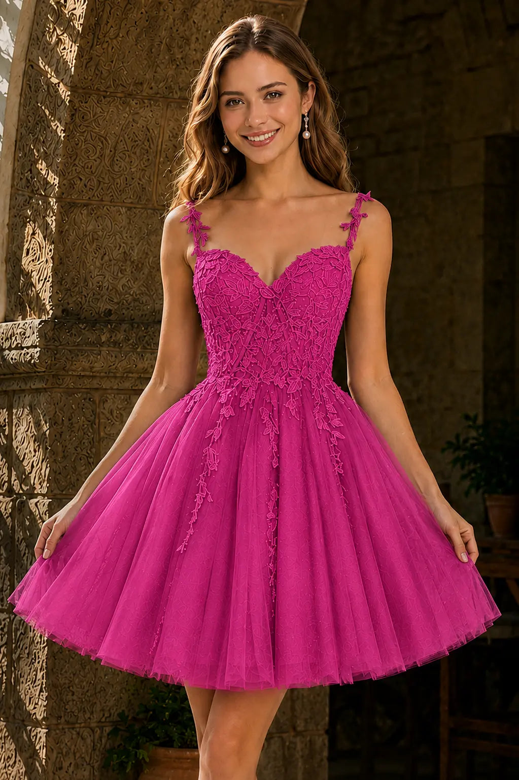A-line V Neck Short/Mini Tulle Lace Homecoming Dress
